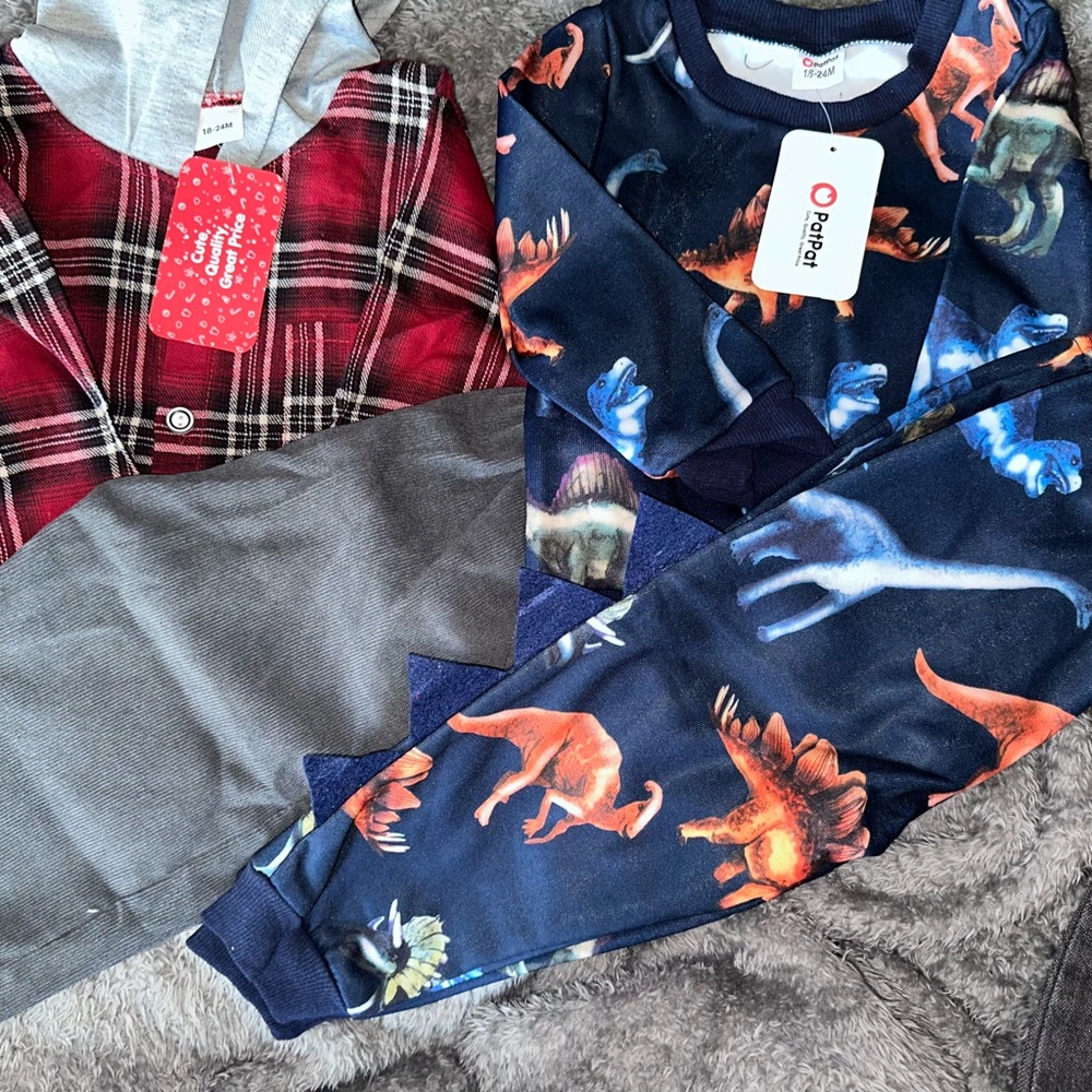 Dinosaur Print sweatsuit Set - Blue and Red plaid hoodie with grey pants